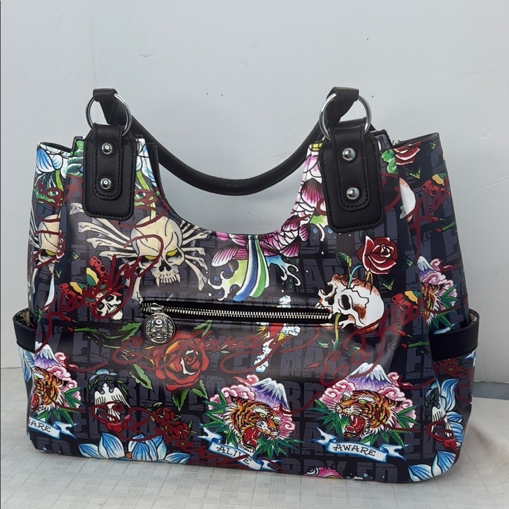Ed Hardy Black and Red Shoulder Bag with Tattoo-Inspired Design - Picture 3 of 11